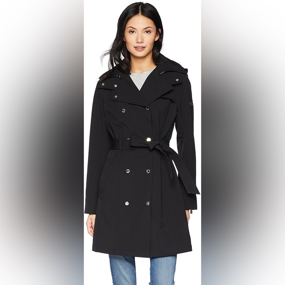 Calvin Klein Black Double Breasted Button Rain Jacket Trench Coat
